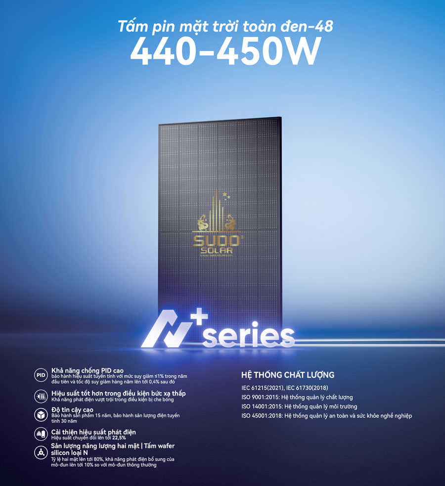 Tấm Pin Mặt Trời All Black QM210THCDQ 440–450W – Hiệu Suất Cao, Thẩm Mỹ Vượt Trội